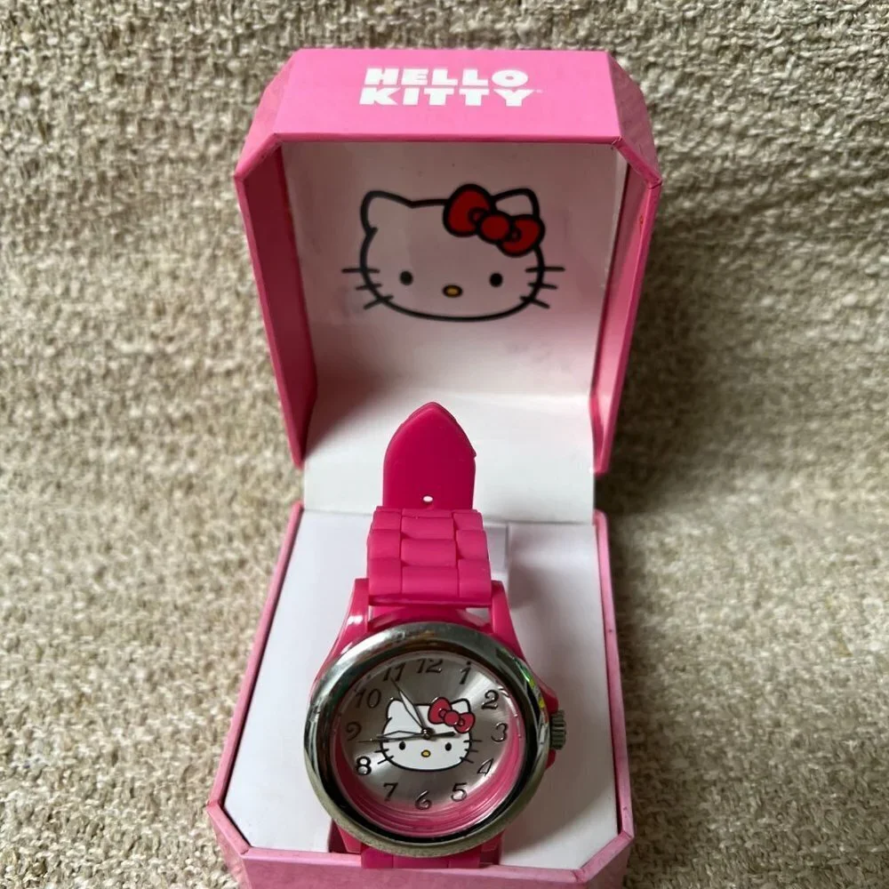 Hello Kitty Sanrio Watch Silver Bezel Pink Rubber Band
